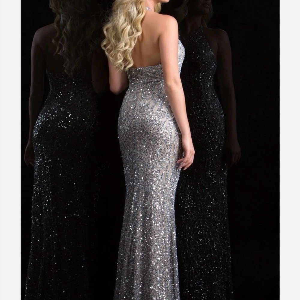 Scala Silver Sequin Strapless Gown